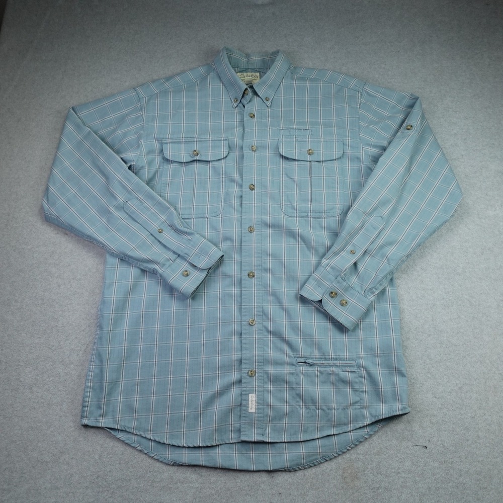 Cabelas Shirt Mens Medium Tall Blue Plaid Outdoors Long Sleeve Button Up